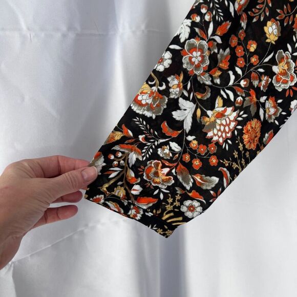 ANA Bold Black Maximal Floral Tie Neck Long Sleeve Peasant Boho Blouse Size PL - Picture 2 of 11